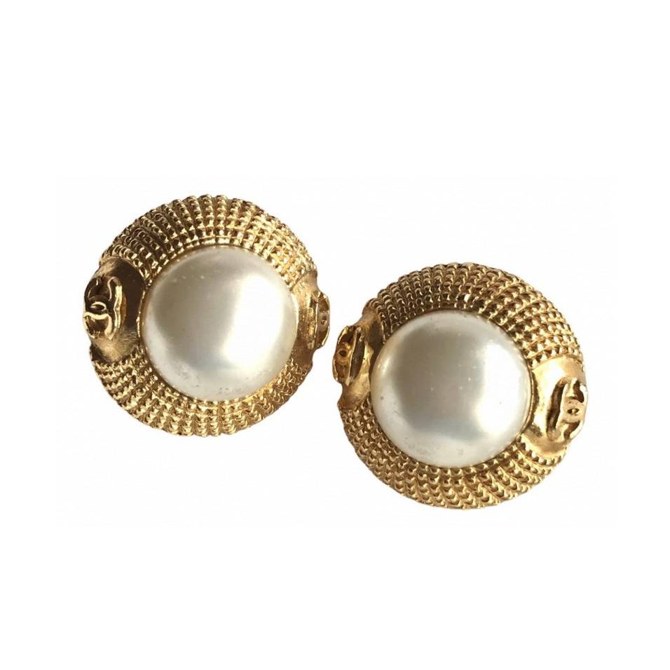 Chanel Vintage Gold Tone Round Earrings With Faux Pearl And Cc Motifs